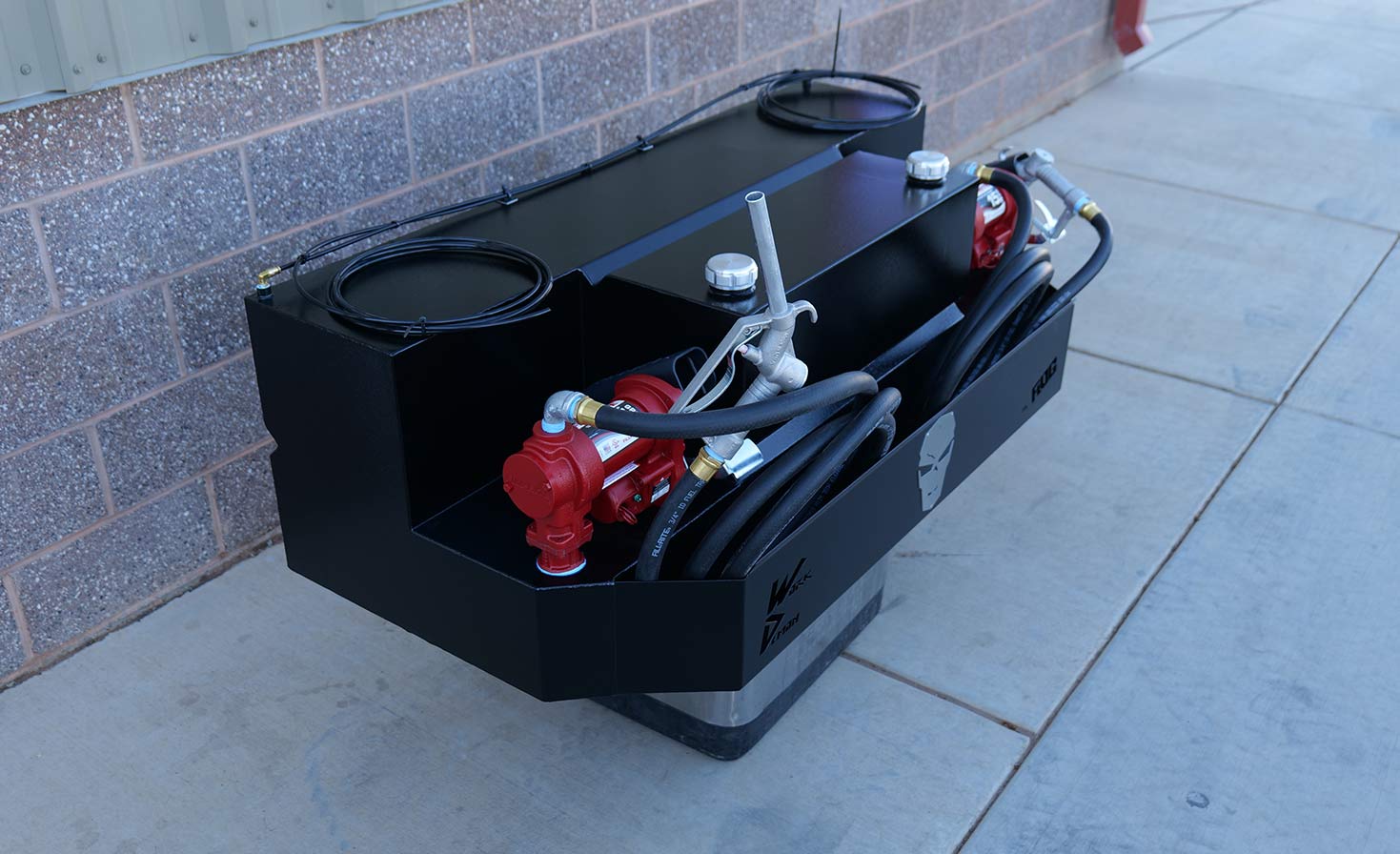 100 gallon black powder coated dual cell fuel transfer tank with Fill-Rite fuel pumps