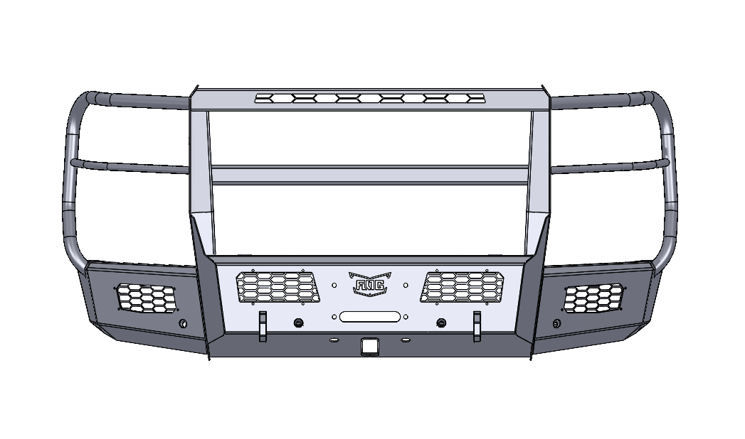 A black 2024+ Chevy 2500/3500 Frontier Series front bumper with full grille guard, showcasing built-in fog light mounts and tow points.
