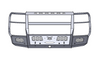 A black 2024+ Chevy 2500/3500 Frontier Series front bumper with full grille guard, showcasing built-in fog light mounts and tow points.
