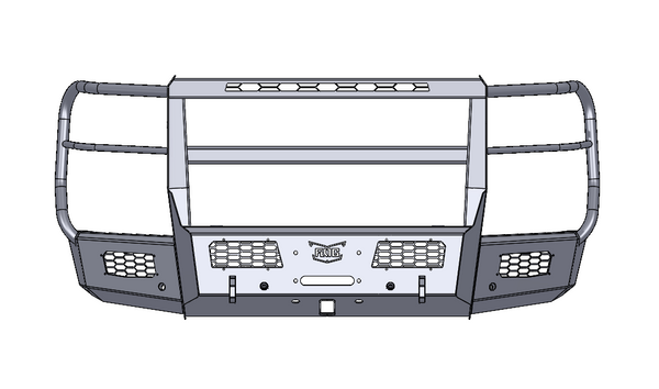 A black 2024+ Chevy 2500/3500 Frontier Series front bumper with full grille guard, showcasing built-in fog light mounts and tow points.