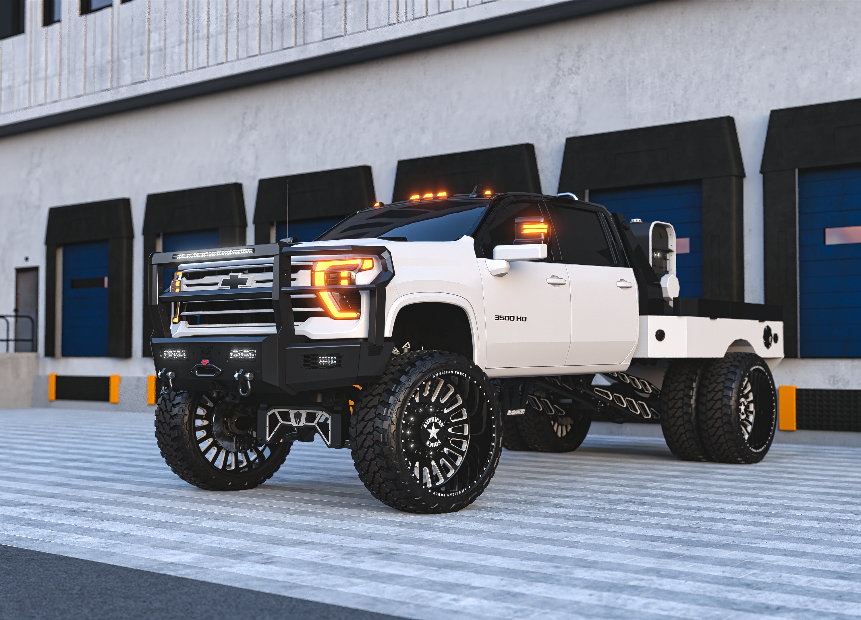 White 2026 Chevy 3500 with a heavy-duty ranch bumper on a Custom suspension lift with american force wheels.